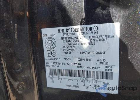 2010 Ford F-150 Fx4/Harley-Davidson/King Ranch/Lariat/Platinum/Xl/Xlt из США, поврежденный, VIN 1FTFW1EV7AFB02526